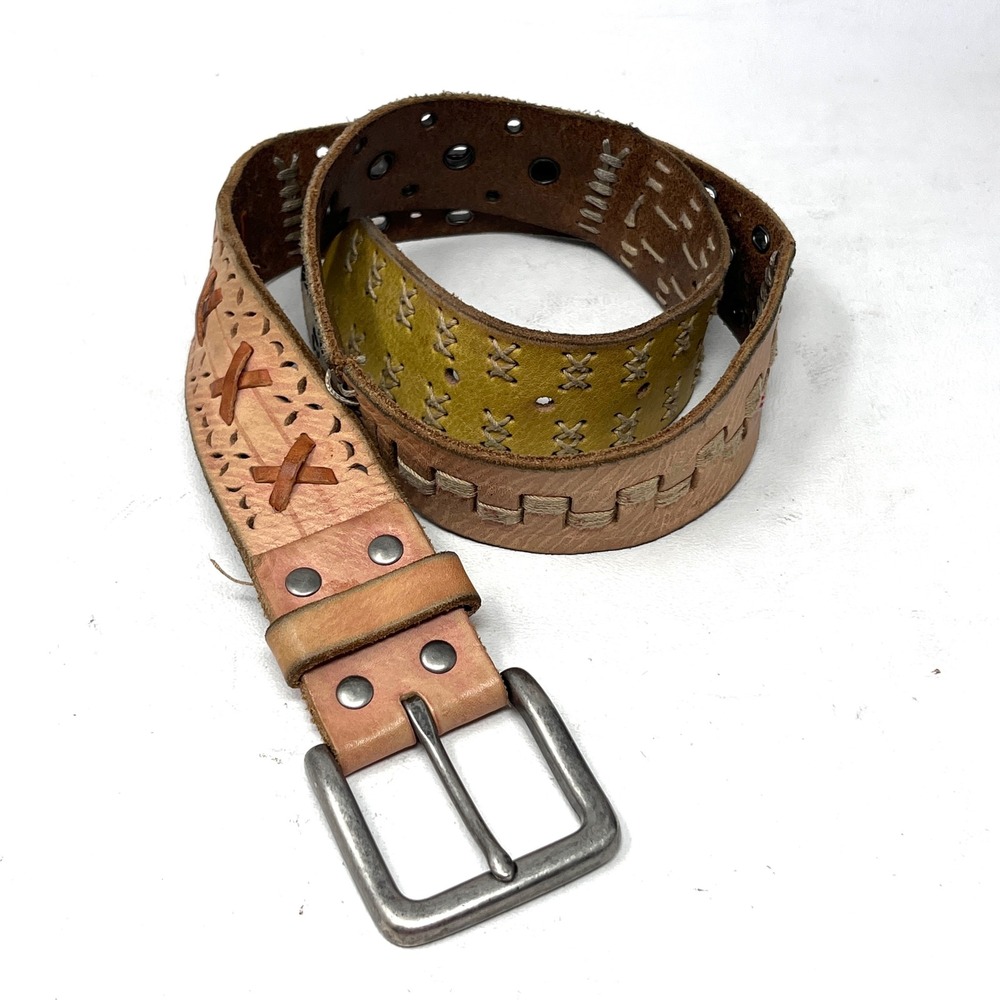 Fossil Leather Belt Retro Brown Patchwork Lacing Grommet Small 32 Hippie Y2K